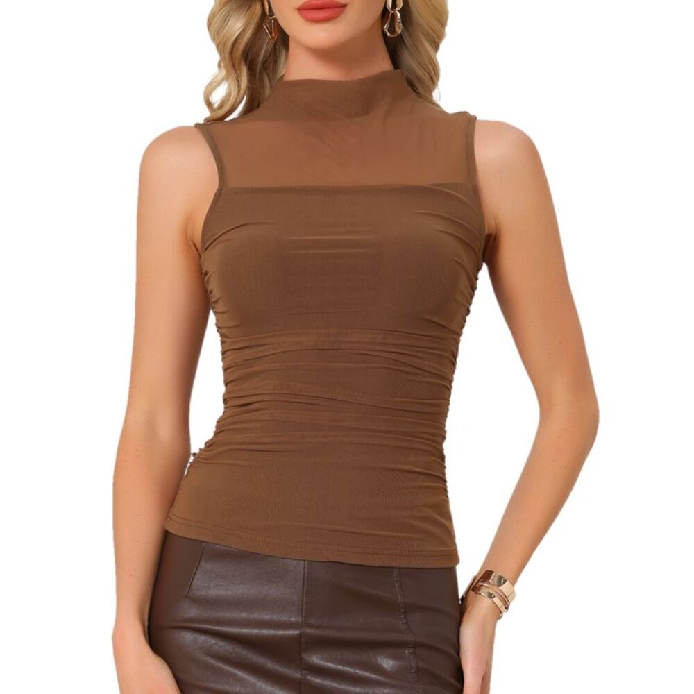 Women Mock Neck Mesh Sleeveless Ruched Fitted Tank Tops Caramel